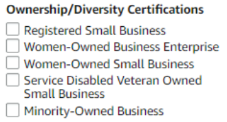 List of checkboxes:Registered Small business,women-owned enterprise, women owned small business, service disabled veteran owned, minority owned business
